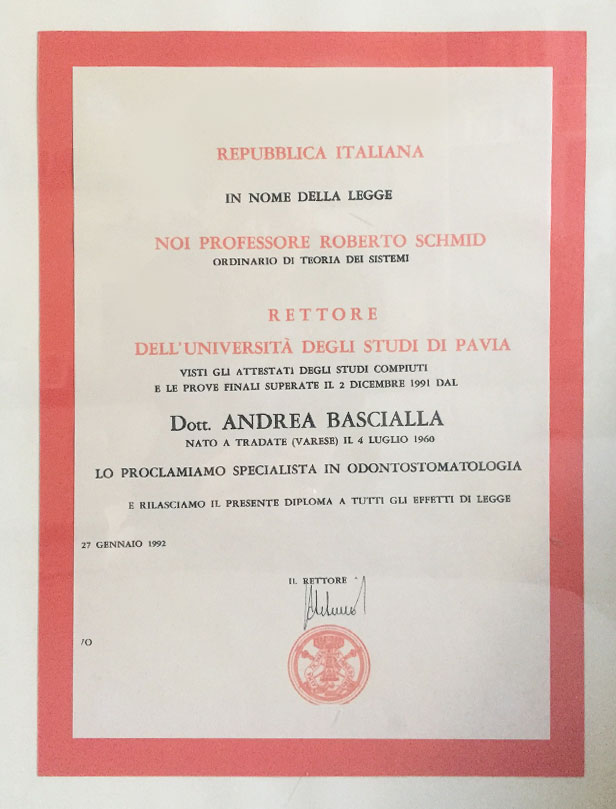 Specializzazione in Odontostomatologia del Dr. Andrea Bascialla